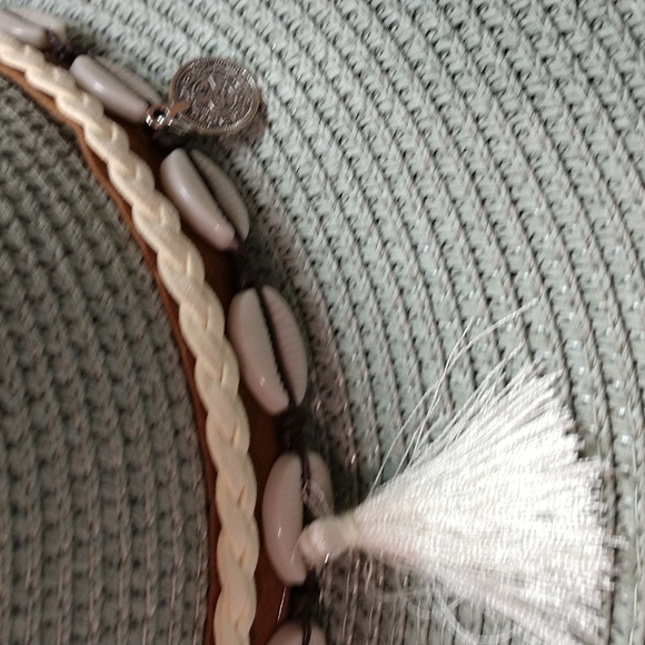 Unisex Woven Western Straw Beach Sun Hat Cowrie Cowry Shells Tassels Sage Green - Picture 5 of 15